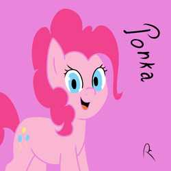 Size: 3000x3000 | Tagged: safe, artist:reinbou, imported from derpibooru, pinkie pie, earth pony, pony, ibispaint x, looking at you, pink background, simple background, solo