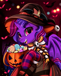 Size: 2550x3209 | Tagged: safe, artist:pridark, imported from derpibooru, oc, oc only, oc:violet rose ze vampony, pony, undead, vampire, vampony, candy, clothes, food, halloween, hat, holiday, latex, latex socks, pumpkin bucket, socks, solo, striped socks, witch hat