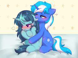 Size: 4000x3000 | Tagged: safe, artist:fantasysong, imported from derpibooru, oc, oc only, oc:aurora july, oc:moonlightbenighted, pony, unicorn, biting, blushing, duo, ear bite, female, high res, horn, mare, sitting