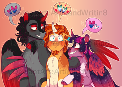 Size: 3469x2488 | Tagged: safe, artist:artinandwritin8, imported from derpibooru, king sombra, sunburst, twilight sparkle, alicorn, pony, unicorn, alicornified, chest fluff, cloven hooves, coat markings, colored hooves, dusk shine, duskburst, gay, gradient background, half r63 shipping, heart, male, obtrusive watermark, polyamory, pride, pride flag, prince dusk, race swap, rule 63, shipping, socks (coat markings), sombracorn, somburst, stallion, trans male, transgender, transgender pride flag, trio, twiburst, twilight sparkle (alicorn), watermark