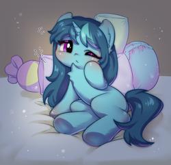 Size: 1024x988 | Tagged: safe, artist:fantasysong, imported from derpibooru, oc, oc only, oc:aurora july, pony, unicorn, bed, blushing, chest fluff, female, filly, foal, on bed, one eye closed, pillow, sleepy, solo