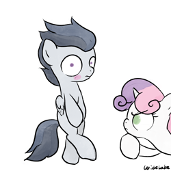 Size: 3000x3000 | Tagged: safe, artist:widelake, imported from derpibooru, rumble, sweetie belle, pegasus, unicorn, bipedal, blushing, colt, crossed legs, duo, female, filly, foal, male, shocked eyes, simple background, white background