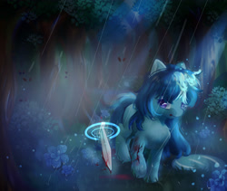 Size: 3800x3200 | Tagged: safe, artist:erenrat_yun, imported from derpibooru, oc, oc only, oc:aurora july, unicorn, forest, injured, magic, puddle, rain, sword, telekinesis, weapon