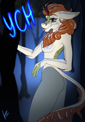 Size: 1640x2360 | Tagged: safe, artist:stirren, imported from derpibooru, autumn blaze, anthro, kirin, :p, bodysuit, clothes, commission, cosplay, costume, forest, latex, pinup, ponysuit, pose, solo, tongue out, tree, your character here