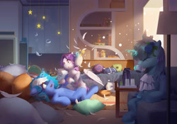 Size: 5000x3500 | Tagged: safe, artist:erenrat_yun, imported from derpibooru, oc, oc only, oc:aurora july, oc:moonlightbenighted, oc:心音, book, bookshelf, family, feather, pillow, pillow fight