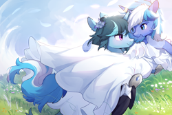 Size: 3000x2000 | Tagged: safe, alternate version, artist:猞塔, imported from derpibooru, oc, oc only, oc:aurora july, oc:moonlightbenighted, pony, unicorn, bridal carry, carrying, clothes, dress, duo, female, lesbian, marriage, ring, wedding, wedding dress, wedding ring