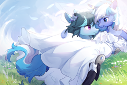 Size: 3000x2000 | Tagged: safe, alternate version, artist:猞塔, imported from derpibooru, oc, oc only, oc:aurora july, oc:moonlightbenighted, pony, unicorn, bridal carry, carrying, clothes, dress, duo, female, lesbian, marriage, ring, wedding, wedding dress, wedding ring, wedding veil