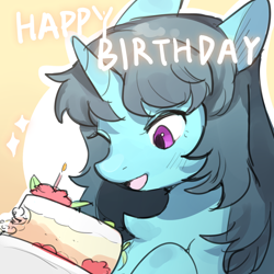 Size: 1400x1400 | Tagged: safe, artist:猞塔, imported from derpibooru, oc, oc only, oc:aurora july, pony, unicorn, birthday, cake, candle, food, solo