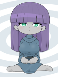 Size: 1668x2224 | Tagged: safe, artist:batipin, imported from derpibooru, maud pie, human, equestria girls, barefoot, breasts, busty maud pie, chibi, feet, female, kneeling, solo