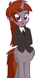 Size: 897x2000 | Tagged: safe, artist:razoruniboop, imported from derpibooru, oc, oc only, oc:funny jo, alicorn, centaur, taur, equestria girls, alitaur, business suit, centaur oc, clothes, female, hands behind back, happy, heterochromia, horn, necktie, open mouth, simple background, solo, transparent background, wings