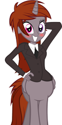 Size: 1000x2000 | Tagged: safe, artist:razoruniboop, imported from derpibooru, oc, oc only, oc:funny jo, alicorn, centaur, taur, equestria girls, alitaur, arm behind head, blushing, business suit, centaur oc, clothes, female, grin, hand on hip, heterochromia, horn, necktie, proud, simple background, smiling, solo, transparent background, wings