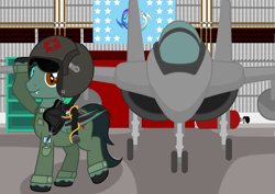 Size: 5000x3538 | Tagged: safe, artist:akififi, imported from derpibooru, oc, oc:target strike, bat pony, pony, clothes, hangar, helmet, jet, jet fighter, military, military uniform, oxygen mask, plane, solo, uniform