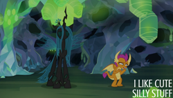 Size: 1978x1125 | Tagged: safe, edit, edited screencap, editor:quoterific, imported from derpibooru, screencap, ocellus, queen chrysalis, smolder, changeling, dragon, what lies beneath, disguise, disguised changeling, queen chrysellus