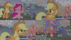 Size: 2000x1125 | Tagged: safe, edit, edited screencap, editor:quoterific, imported from derpibooru, screencap, applejack, limestone pie, maud pie, pinkie pie, hearthbreakers, crying