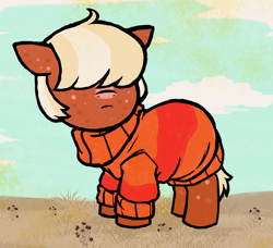 Size: 2658x2421 | Tagged: safe, artist:manticorpse, imported from derpibooru, oc, oc:rubus turnover, earth pony, pony, baby, baby pony, blonde hair, blonde mane, brown coat, clothes, cute, foal, hair over eyes, simple background, solo, sweater