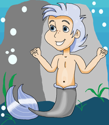 Size: 750x863 | Tagged: safe, artist:ocean lover, imported from derpibooru, chipcutter, human, merboy, merman, bare shoulders, belly, belly button, blue eyes, boulder, bubble, child, coral, cute, fins, freckles, grey hair, human coloration, humanized, light skin, male, mermay, ocean, rock, sleeveless, smiling, species swap, tail, tail fin, underwater, water