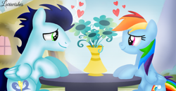 Size: 1980x1020 | Tagged: safe, artist:mlplary6, imported from derpibooru, rainbow dash, soarin', pegasus, pony, date, female, flower, heart, looking at each other, looking at someone, love, male, mare, romantic, shipping, sitting, smiling, smiling at each other, soarindash, stallion, straight, table