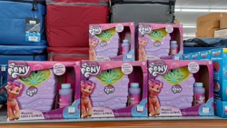 Size: 4000x2250 | Tagged: safe, imported from derpibooru, sunny starscout, earth pony, pony, bubble, bubble blower, cooler, female, g5, hasbro, hasbro logo, irl, logo, looking at you, merchandise, my little pony logo, photo, pins, price tag, solo, toy