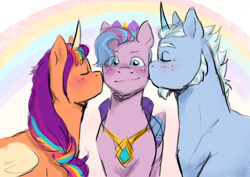 Size: 4132x2919 | Tagged: safe, artist:daisy_marshmallow, imported from derpibooru, queen haven, sunny starscout, alicorn, pegasus, pony, unicorn, alphabittle blossomforth, alphahaven, artificial horn, artificial wings, augmented, bisexual, bisexual sandwich, blushing, cheek kiss, colored sketch, colored wings, eye clipping through hair, eyebrows, eyebrows visible through hair, female, folded wings, g5, high res, kiss sandwich, kissing, lesbian, male, mare, multicolored wings, race swap, rainbow, shipping, sketch, smiling, stallion, straight, sunnycorn, sunnyhaven, trio, wings