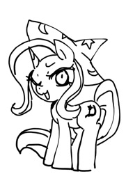 Size: 721x998 | Tagged: safe, artist:maren, imported from derpibooru, trixie, pony, unicorn, 2013, :3, black and white, female, grayscale, mare, monochrome, old art, one eye closed, open mouth, simple background, solo, white background, wink
