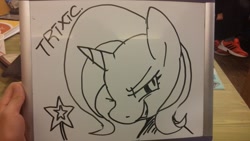 Size: 1040x585 | Tagged: safe, artist:maren, imported from derpibooru, trixie, pony, unicorn, 2014, bust, doodle, evil grin, female, grin, mare, marker drawing, old art, portrait, smiling, solo, traditional art, wand