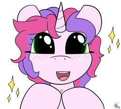 Size: 1857x1668 | Tagged: safe, artist:hardrock, imported from derpibooru, oc, oc only, oc:melody (melodylibris), pony, unicorn, big eyes, bust, happy, hooves together, open mouth, portrait, simple background, solo, sparkles, white background