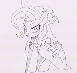 Size: 1216x1152 | Tagged: safe, artist:maren, imported from derpibooru, trixie, pony, unicorn, 2017, cape, clothes, female, hat, mare, old art, sitting, smiling, smug, solo, traditional art, trixie's cape, trixie's hat