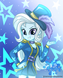 Size: 2015x2490 | Tagged: safe, artist:rjp.rammy, imported from derpibooru, trixie, human, equestria girls, equestria girls series, blushing, breasts, choker, cleavage, clothes, coat, cute, diatrixes, dress, female, grin, hand on hip, hat, looking at you, signature, smiling, smiling at you, solo, top hat, trixie's hat