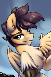 Size: 2000x3000 | Tagged: safe, artist:jedayskayvoker, imported from derpibooru, oc, oc only, oc:lockheed venture, pegasus, pony, blurry background, bust, chest fluff, cloud, ear fluff, eyebrows, fluffy, icon, looking at you, male, patreon, patreon reward, pegasus oc, portrait, smiling, smiling at you, smirk, solo, stallion, thick eyebrows, unshorn fetlocks