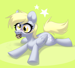 Size: 3300x3000 | Tagged: safe, artist:rtootb, imported from derpibooru, derpy hooves, pegasus, pony, cookie, cross-eyed, cute, daaaaaaaaaaaw, derp, derpabetes, digital art, ears up, eyes open, fanart, female, folded wings, food, green background, happy, lying down, mare, mouth hold, prone, relaxing, simple background, smiling, soft color, solo, sploot, stars, tail, wings