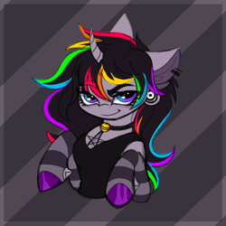 Size: 660x660 | Tagged: safe, artist:woofpoods, imported from derpibooru, oc, oc:strobestress, pony, unicorn, breasts, bust, chest fluff, ear fluff, female, fluffy, glowing, hair dye, hooves, mare, pentagram, portrait, rainbow, rave, solo