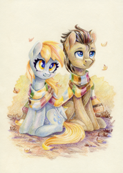 Size: 853x1200 | Tagged: safe, artist:maytee, imported from derpibooru, derpy hooves, doctor whooves, time turner, earth pony, pegasus, pony, autumn, autumn leaves, blushing, clothes, colored pencil drawing, doctorderpy, duo, female, fourth doctor's scarf, leaves, male, scarf, shared clothing, shared scarf, shipping, straight, striped scarf, traditional art