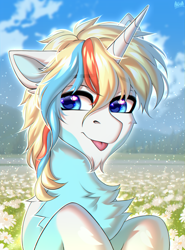 Size: 2000x2700 | Tagged: safe, artist:hakaina, imported from derpibooru, oc, oc only, oc:maui, unicorn, beard, chest fluff, facial hair, flower, multicolored hair