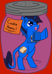 Size: 703x1000 | Tagged: safe, artist:mazz, imported from derpibooru, oc, oc only, oc:bluethecake, cyborg, pony, unicorn, heterochromia, jar, male, oh no, red background, simple background, solo, stallion