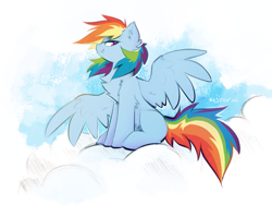 Size: 1191x898 | Tagged: safe, artist:kejifox, imported from derpibooru, rainbow dash, pegasus, pony, chest fluff, cloud, ear fluff, female, grin, mare, missing cutie mark, on a cloud, sidemouth, sitting, sitting on a cloud, smiling, smug, smugdash, solo, spread wings, wings