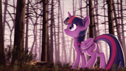 Size: 3840x2160 | Tagged: safe, artist:psfmer, imported from derpibooru, twilight sparkle, alicorn, pony, 3d, forest, solo, tree, twilight sparkle (alicorn)