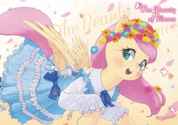Size: 4071x2871 | Tagged: safe, artist:yanamosuda, imported from derpibooru, fluttershy, pegasus, pony, aside glance, blushing, bow, clothes, dress, female, floral head wreath, flower, flower in hair, frills, frilly, high res, lolita fashion, looking at you, open mouth, open smile, petals, smiling, solo, spread wings, wings