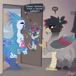 Size: 2000x2000 | Tagged: safe, artist:lionbun, imported from derpibooru, oc, oc:caiya, oc:gavran, griffon, background, bouquet, female, flower, griffon oc, kofi reward, male, necktie