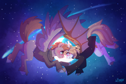 Size: 3000x2000 | Tagged: safe, artist:lionbun, imported from derpibooru, oc, oc:honey milk, oc:jarvis yarbrough, bat pony, pegasus, art trade, blushing, clothes, couple, cute, female, flying, jacket, male, mare, moon, night, night sky, shooting star, sky, stallion, wholesome