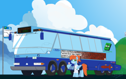 Size: 5120x3200 | Tagged: safe, artist:rain bow, imported from derpibooru, oc, oc only, oc:morning star, pegasus, pony, fallout equestria, building, bus, bus stop, cable, clothes, cloud, cloudsdale, coffee, coffee cup, cup, female, grass, grass field, hill, looking at you, ministry of image, necktie, nimbus, ponytail, radio tower, road, scenery, shirt, shorts, sky, smiling, solo, temple, uniform, vehicle, wing hands, wing hold, wings