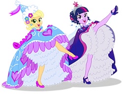 Size: 300x229 | Tagged: safe, artist:sapphiregamgee, imported from derpibooru, applejack, twilight sparkle, human, equestria girls, can-can, clothes, dress, froufrou glittery lacy outfit, gown, high heels, humanized, petticoat, picture for breezies, princess, princess applejack, shoes, simple background, white background