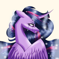 Size: 894x894 | Tagged: safe, artist:galaxynight100, imported from derpibooru, twilight sparkle, alicorn, pony, the last problem, blue mane, crying, curved horn, digital art, ethereal mane, feather, female, flowing mane, horn, looking down, mare, older, older twilight, princess twilight 2.0, purple eyes, sad, simple background, solo, sparkles, starry mane, tears of pain, teeth, twilight sparkle (alicorn), white background, wings