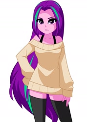 Size: 1400x1970 | Tagged: safe, artist:nekojackun, artist:rosemile mulberry, imported from derpibooru, aria blaze, equestria girls, alternate clothes, alternate hairstyle, bra, clothes, long hair, long sleeves, looking at you, loose hair, makeup, stockings, sweater, thigh highs, thigh socks, underwear, zettai ryouiki
