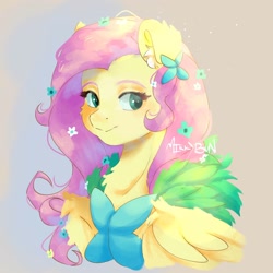 Size: 1536x1536 | Tagged: safe, artist:mikkybun, imported from derpibooru, fluttershy, pegasus, pony, bust, chest fluff, clothes, cute, dress, ear fluff, female, flower, flower in hair, gala dress, gradient background, lidded eyes, looking offscreen, mare, shyabetes, signature, solo