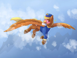 Size: 1080x810 | Tagged: safe, artist:x_paper_dino_x, imported from derpibooru, pegasus, pony, blonde, blushing, clothes, cloud, female, flying, hat, letter, mare, mouth hold, signature, sky, sky background, solo, spread wings, swift reply, uniform, wings