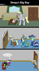 Size: 1920x3516 | Tagged: safe, artist:platinumdrop, imported from derpibooru, bon bon, derpy hooves, lyra heartstrings, photo finish, sweetie drops, oc, oc:filly anon, earth pony, pegasus, pony, unicorn, comic:derpy's big day, 3 panel comic, bedroom, clothes, comic, commission, couch, door, dress, dresser, fashion, female, filly, hat, mare, monocle, muffin, sign, speech bubble, spread wings, sunglasses, table, top hat, window, wings