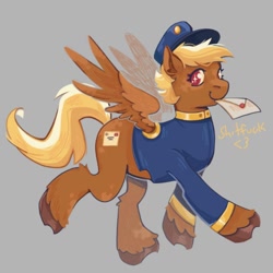 Size: 1080x1080 | Tagged: safe, artist:chacnwheeze, imported from derpibooru, pegasus, pony, blonde, clothes, female, forced meme, gray background, hat, heart, letter, mare, mouth hold, red eyes, shiny eyes, shitfuck meme, simple background, smiling, solo, spread wings, swift reply, trotting, uniform, vulgar, wings