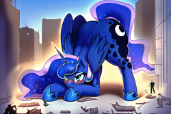Size: 768x512 | Tagged: safe, editor:giantpony, imported from derpibooru, princess luna, alicorn, pony, affection, ai content, ai generated, blushing, butt, caring, concerned, curious, debris, face down ass up, female, generator:novelai, generator:stable diffusion, giant pony, giantess, growth, height difference, huge butt, implied rescue, kneeling, large butt, leaning forward, macro, macro/micro, maternaluna, missing accessory, moonbutt, motherly, solo focus, story included, thicc thighs, wide hips, wreckage