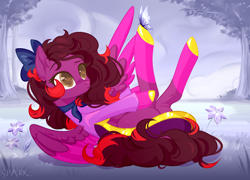 Size: 2364x1700 | Tagged: safe, artist:spark, imported from derpibooru, oc, oc:cassandra carat, butterfly, pegasus, pony, bow, clothes, dress, female, flower, hair bow, mare, neckerchief, pegasus oc, solo, story included