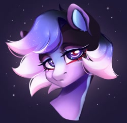 Size: 1094x1060 | Tagged: safe, artist:melodylibris, imported from derpibooru, oc, oc only, pony, bust, ethereal mane, female, frown, gradient mane, looking at you, mare, solo, starry background, starry mane